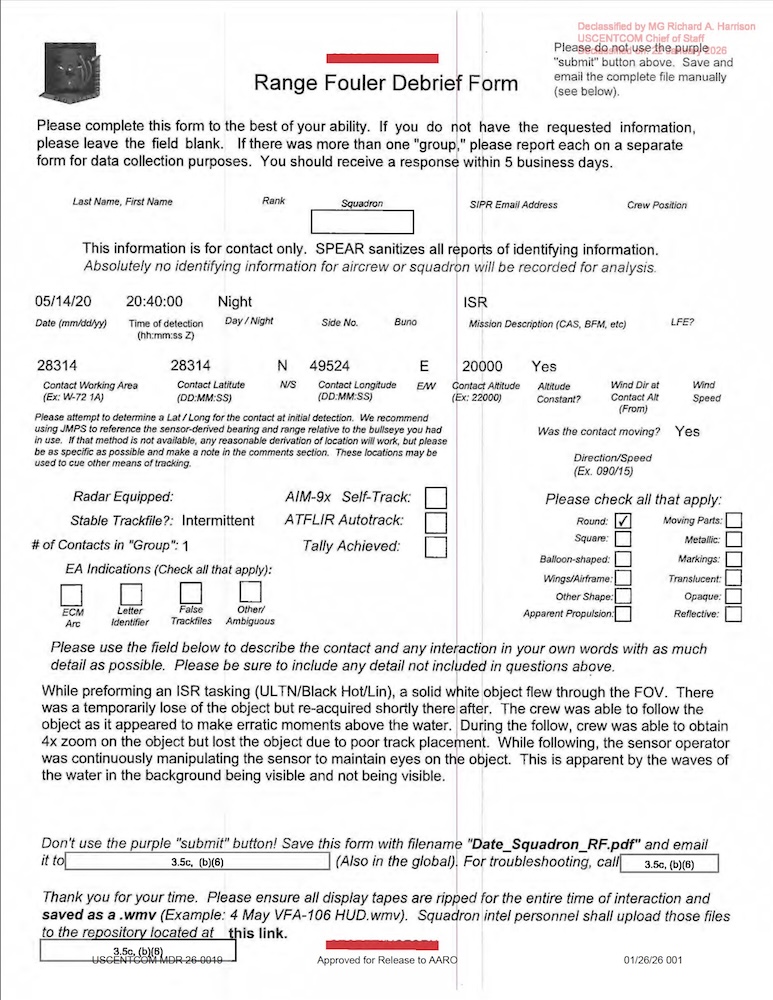 Vignette PDF — DOW-UAP-D38, Range Fouler Debrief, Middle East, May 2020