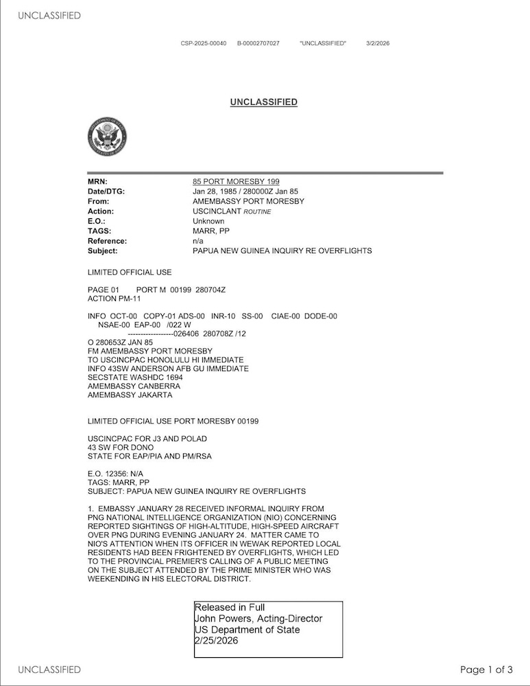 Vignette PDF — State Department UAP Cable 1, Papua New Guinea, January 28, 1985
