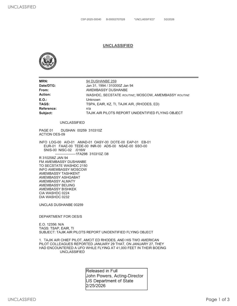 Vignette PDF — State Department UAP Cable 2, Kazakhstan, January 31, 1994