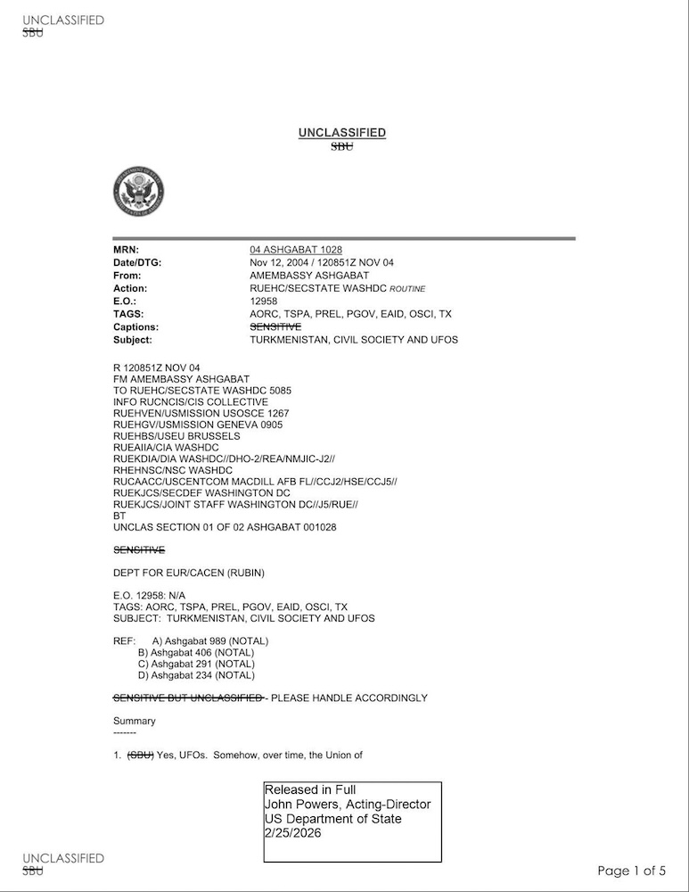 Vignette PDF — State Department UAP Cable 4, Ashgabat, Turkmenistan, November 5, 2004